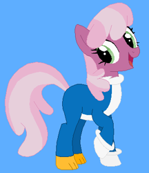 Size: 345x400 | Tagged: safe, artist:selenaede, artist:skylaskies, cheerilee, earth pony, pony, g4, base used, blue background, clothes, costume, female, gloves, male, mare, open mouth, raised hoof, raised leg, simple background, solo, the new woody woodpecker show, woody woodpecker