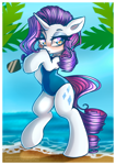 Size: 1000x1414 | Tagged: safe, artist:chaosangeldesu, rarity, unicorn, semi-anthro, g4, arm hooves, beach, bipedal, blue swimsuit, blushing, clothes, female, heart eyes, mare, ocean, one-piece swimsuit, palm tree, sand, solo, sunglasses, swimsuit, tree, water, wingding eyes