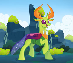 Size: 1280x1105 | Tagged: safe, artist:angellightyt, thorax, changedling, changeling, g4, bush, cloud, cute, happy, king thorax, male, open mouth, raised leg, solo, thorabetes