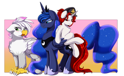 Size: 3920x2407 | Tagged: safe, artist:pridark, princess luna, oc, oc:serena rosewing, oc:winter ruby, alicorn, griffon, pony, unicorn, g4, alicorn oc, blue eyes, commission, crossed legs, cutie mark, ethereal mane, ethereal tail, griffon oc, hat, high res, horn, jealous, red eyes, sitting on person, wings