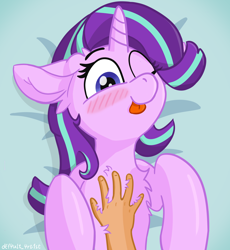 Size: 4000x4348 | Tagged: safe, alternate character, alternate version, artist:d3f4ult_4rt1st, starlight glimmer, human, pony, unicorn, g4, :p, absurd resolution, bellyrubs, blushing, chest fluff, cute, ear fluff, female, floppy ears, glimmerbetes, hand, hooves, horn, human on pony petting, lying down, mare, offscreen character, on back, one eye closed, petting, shading, signature, solo focus, tongue out