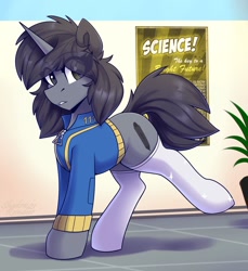 Size: 1600x1750 | Tagged: safe, artist:shadowreindeer, oc, oc only, oc:kate, pony, unicorn, fallout equestria, clothes, eye clipping through hair, fallout, female, jumpsuit, mare, raised leg, socks, solo, stockings, thigh highs, vault suit