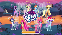 Size: 1920x1080 | Tagged: safe, gameloft, applejack, breezette, fluttershy, pinkie pie, rainbow dash, rarity, star breeze, twilight sparkle, breezie, g4, it ain't easy being breezies, applebreezie, breezie pie, breeziefied, female, flutterbreez, loading screen, mane six, mushroom, my little pony logo, rainbow breez, rarbreez, species swap, twilight breezie, video game