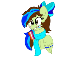 Size: 2160x1620 | Tagged: safe, artist:froyo15sugarblast, oc, oc only, oc:epsi, pegasus, pony, bow, clothes, face paint, female, halfbody, lesbian, looking at you, multicolored hair, pride, pride flag, procreate app, scarf, simple background, smiling, solo, trans female, transgender, transgender pride flag, white background