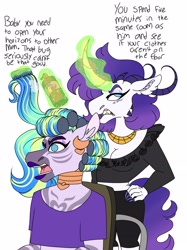 Size: 2624x3507 | Tagged: safe, artist:dodiejinx, oc, oc only, oc:amelle sky, oc:rahulib, dracony, hybrid, zebra, anthro, annoyed, anthro oc, breasts, cleavage, crossdressing, duo, female, glowing horn, hair curlers, hair spray, hairdresser, high res, horn, interspecies offspring, lipstick, magic, male, offspring, parent:rarity, parent:spike, parents:sparity, simple background, white background, zebra oc