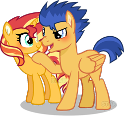 Size: 860x805 | Tagged: safe, artist:star-gaze-pony, flash sentry, sunset shimmer, pegasus, pony, unicorn, g4, blushing, dreamworks face, female, looking at each other, male, mare, open mouth, open smile, scrunchy face, ship:flashimmer, shipping, simple background, smiling, smiling at each other, stallion, straight, transparent background