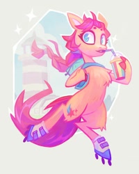 Size: 1080x1350 | Tagged: safe, artist:adreamera, sunny starscout, earth pony, semi-anthro, g5, arm hooves, backpack, bipedal, chest fluff, drink, drinking, female, leg fluff, mare, roller skates, rollerblades, skates, smoothie, solo, straw
