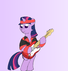 Size: 1955x2065 | Tagged: safe, artist:sparkfler85, twilight sparkle, pony, unicorn, g4, bipedal, bracelet, clothes, dire straits, electric guitar, female, fender stratocaster, guitar, headband, jewelry, musical instrument, parody, rock (music), simple background, solo, standing, unicorn twilight