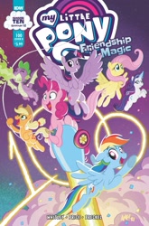 Size: 2063x3131 | Tagged: safe, artist:tony fleecs, idw, applejack, fluttershy, pinkie pie, rainbow dash, rarity, spike, twilight sparkle, alicorn, dragon, earth pony, pegasus, pony, unicorn, g4, spoiler:comic, spoiler:comic100, confetti, female, fire, fire breath, high res, male, mane seven, mane six, party cannon, pony history, twilight sparkle (alicorn)