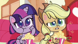 Size: 640x360 | Tagged: source needed, safe, edit, edited screencap, screencap, applejack, bon bon, carrot top, cheerilee, daisy, flower wishes, fluttershy, golden harvest, granny smith, pinkie pie, princess celestia, rainbow dash, rarity, spike, sweetie drops, twilight sparkle, alicorn, dragon, earth pony, pegasus, pony, unicorn, director spike's mockumentary, g4, g4.5, my little pony: pony life, season 1, animated, carousel boutique, cheering, cloud, confused, crying, download, eating, female, food, golden oaks library, grin, happy, hot air balloon, intro, kicking legs, male, mane six, mare, pointing, popcorn, raised hoof, shaking, smiling, sound, sugarcube corner, sweet apple acres, tears of joy, television, theme song, treehouse logo, twilight sparkle (alicorn), unicorn twilight, watching, webm