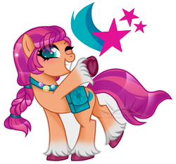 Size: 2481x2317 | Tagged: safe, artist:nekomellow, sunny starscout, earth pony, pony, g5, badge, bag, blushing, braid, coat markings, cute, cutie mark, female, grin, high res, hoof fluff, looking at you, mare, open mouth, raised hoof, simple background, smiling, socks (coat markings), solo, sparkles, stars, sunnybetes, teeth, transparent background, unshorn fetlocks