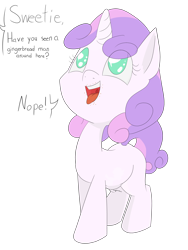 Size: 6000x8000 | Tagged: safe, alternate version, artist:happy harvey, sweetie belle, pony, unicorn, g4, abdominal bulge, belly, blatant lies, colored pupils, crumbs, dialogue, female, filly, filly pred, gingerbread (food), gingerbread man, implied anon, implied vore, lies, looking up, lying, micro, offscreen character, open mouth, phone drawing, stomach noise, sweetiepred, tongue out, vore