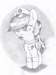 Size: 3174x4270 | Tagged: safe, artist:foxtrot3, oc, oc:insomnia, pegasus, pony, badge, bags under eyes, clothes, hat, narcolepsy, officer, solo, tired eyes, uniform