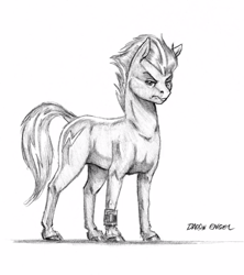 Size: 564x636 | Tagged: safe, artist:baron engel, oc, oc only, oc:blue streak (goldfur), earth pony, pony, fanfic:quantum gallop, colored hooves, grayscale, hooves, looking at you, male, monochrome, not spitfire, pencil drawing, simple background, solo, traditional art, white background