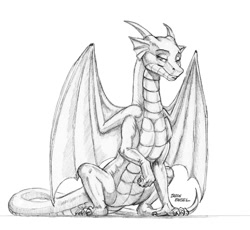 Size: 1000x920 | Tagged: safe, artist:baron engel, oc, oc only, oc:cinder (goldfur), dragon, anthro, fanfic:quantum gallop, dragoness, female, grayscale, lidded eyes, looking at you, monochrome, pencil drawing, simple background, sitting, smiling, solo, spread wings, traditional art, white background, wings
