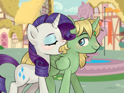 Size: 1200x898 | Tagged: safe, artist:naperdysh, rarity, oc, oc:mark wells, pegasus, pony, unicorn, fanfic:off the mark, g4, blushing, duo, eyes closed, eyeshadow, female, makeup, male, mare, open mouth, pegasus oc, smiling, stallion