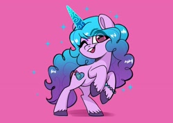 Size: 3237x2288 | Tagged: safe, artist:techycutie, izzy moonbow, pony, unicorn, g5, bipedal, bracelet, cute, female, high res, izzybetes, jewelry, looking at you, mare, one eye closed, open mouth, pink background, raised hoof, simple background, solo, sparkles, unshorn fetlocks, wink