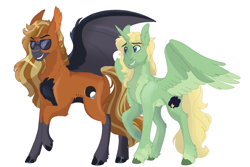 Size: 3000x2000 | Tagged: safe, artist:scarletskitty12, oc, oc:mark wells, oc:penumbra (goldfur), alicorn, bat pony, pony, fanfic:off the mark, cutie mark, duo, female, high res, male, sunglasses, unshorn fetlocks