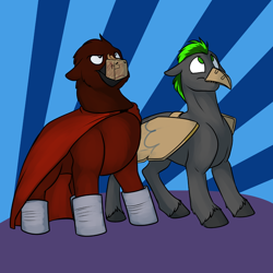 Size: 1000x1000 | Tagged: safe, artist:foxenawolf, oc, oc:free agent, oc:long path, earth pony, pony, fanfic:quantum gallop, cape, clothes, colt, duo, fake beak, fake muzzle, fake wings, male, unshorn fetlocks