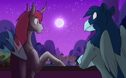 Size: 1000x620 | Tagged: safe, artist:foxenawolf, oc, oc:hypotenuse, oc:watchful eyes, changeling, changeling queen, griffon, fanfic:quantum gallop, beak, changeling queen oc, disguise, disguised changeling, fanfic art, female, night, ponyville, red hair, wings