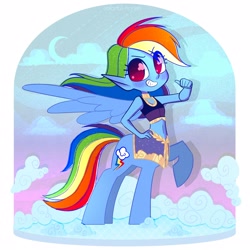 Size: 2500x2500 | Tagged: safe, artist:syrupyyy, rainbow dash, centaur, anthro, g4, alternate hairstyle, centaurdash, centaurified, clothes, cloud, elf ears, female, grin, high res, pointing at self, skirt, sky, smiling, solo, species swap, sports bra