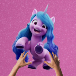 Size: 756x756 | Tagged: safe, edit, edited screencap, screencap, izzy moonbow, human, g5, my little pony: a new generation, 3d, cute, hand, hnnng, izzybetes, looking at you, offscreen character, open mouth, pov, smiling, whee