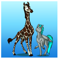 Size: 1000x1000 | Tagged: safe, artist:foxenawolf, oc, oc only, oc:whirring cogs, giraffe, pegasus, pony, fanfic:quantum gallop, duo, gradient background, male, unshorn fetlocks