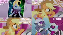 Size: 1280x720 | Tagged: safe, edit, edited screencap, editor:quoterific, screencap, applejack, hoity toity, photo finish, earth pony, pony, g4, honest apple, season 7, applejack's hat, carousel boutique, cowboy hat, crying, disco ball, disco ball (character), female, hat, laughing, male, mare, open mouth, picture, stallion, tears of laughter