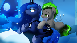 Size: 1000x561 | Tagged: safe, artist:dormin-dim, princess luna, oc, oc:long path, alicorn, earth pony, pony, g4, blue fur, blue hair, blue moon, canon x oc, cutie mark, duo, female, green hair, grey fur, male, moon, night