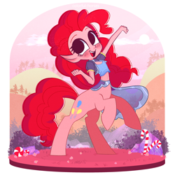 Size: 2500x2500 | Tagged: safe, artist:syrupyyy, pinkie pie, centaur, anthro, g4, blushing, candy, candy cane, centaur pie, centaurified, choker, clothes, elf ears, female, food, high res, midriff, open mouth, peppermint, shirt, skirt, solo, species swap