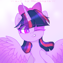 Size: 1200x1200 | Tagged: safe, artist:memengla, twilight sparkle, alicorn, pony, g4, bow, chest fluff, grin, hair bow, one eye closed, smiling, solo, sparkly eyes, twilight sparkle (alicorn), wingding eyes, wink