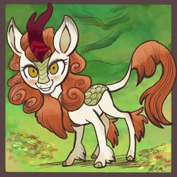 Size: 2048x2048 | Tagged: safe, artist:catscratchpaper, autumn blaze, kirin, g4, blushing, eyelashes, female, freckles, high res, looking at you, smiling, smiling at you, solo, style emulation, wolfwalkers