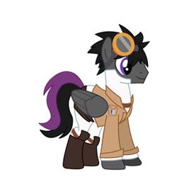 Size: 280x280 | Tagged: safe, artist:sayo yunno, oc, oc only, oc:sayo yunno, pegasus, pony, boots, clothes, coat, folded wings, goggles, jacket, looking at something, male, pants, pegasus oc, pinterest, pocket, profile, shirt, shoes, simple background, smiling, solo, stallion, straps, two toned tail, white background, wings