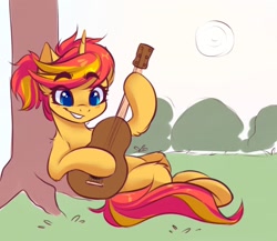 Size: 1280x1112 | Tagged: safe, artist:falafeljake, oc, oc only, oc:sunlight ray (bronukon), pony, unicorn, bronukon, bronukon 2021, bronukon next, cute, eyebrows, eyebrows visible through hair, guitar, mascot, musical instrument, not sunset shimmer, ocbetes, solo, ukraine