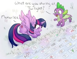 Size: 1360x1036 | Tagged: safe, artist:nedemai, spike, twilight sparkle, alicorn, dragon, pony, g4, atg 2021, cute, female, flower, male, mare, memories, newbie artist training grounds, smiling, spread wings, twiabetes, twilight sparkle (alicorn), winged spike, wings