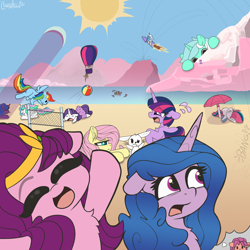 Size: 2000x2000 | Tagged: safe, artist:llametsul, angel bunny, fluttershy, izzy moonbow, lyra heartstrings, pipp petals, princess celestia, princess luna, rainbow dash, rarity, starlight glimmer, sunny starscout, trixie, twilight sparkle, zipp storm, alicorn, earth pony, pegasus, pony, rabbit, shark, unicorn, g4, g5, :p, adorapipp, animal, ball, beach, beach ball, body swap, celestia is not amused, clothes, cute, dress, eclipse, eyes closed, faic, female, floppy ears, fluttershy is not amused, frown, giant pony, giantess, high res, hot air balloon, lidded eyes, lunabetes, macro, mare, moon, moon work, mountain, open mouth, open smile, panic, passed out, peeking, raised eyebrow, relaxing, rocket, royal sisters, royal sisters (g5), sand, shade, sibling rivalry, siblings, signature, silly, sisters, sky, smiling, smug, smugdash, sports, sun, sunny and her heroine, surrounded, sweat, sweatdrops, tongue out, toy interpretation, trixie's rocket, umbrella, unamused, unicorn twilight, volleyball, water