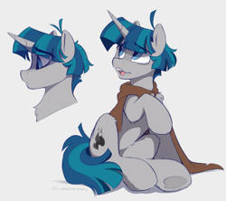 Size: 1695x1502 | Tagged: safe, artist:crimmharmony, stygian, pony, unicorn, g4, bust, cape, chest fluff, clothes, colored sketch, cute, eye clipping through hair, eyebrows, eyebrows visible through hair, horn, looking back, male, open mouth, portrait, simple background, sitting, solo, stallion, stygian's cutie mark, stygianbetes, underhoof, white background, worried, worried smile