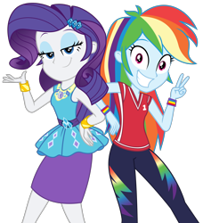 Size: 2688x2944 | Tagged: safe, artist:sketchmcreations, rainbow dash, rarity, dashing through the mall, equestria girls, equestria girls specials, g4, my little pony equestria girls: better together, my little pony equestria girls: holidays unwrapped, alternate clothes, bracelet, clothes, duo, female, geode of shielding, grin, hand on hip, happy, high res, jersey, jewelry, lidded eyes, magical geodes, peace sign, rarity peplum dress, simple background, skirt, smiling, transparent background, vector