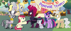 Size: 1280x565 | Tagged: safe, artist:boneswolbach, artist:dreamybae, artist:kittypaintyt, artist:meimisuki, derpy hooves, fizzlepop berrytwist, mayor mare, roseluck, rumble, tempest shadow, twilight sparkle, zecora, alicorn, earth pony, pegasus, pony, unicorn, zebra, g4, colt, female, horn, male, mare, ponyville, ponyville town hall, prosthetic horn, prosthetics, tempest gets her horn back, twilight sparkle (alicorn)