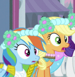 Size: 302x308 | Tagged: safe, screencap, applejack, rainbow dash, rarity, earth pony, pegasus, pony, a canterlot wedding, g4, season 2, animated, awkward, clothes, cropped, dress, female, gif, huh, looking at each other, open mouth, wedding dress