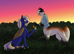 Size: 1000x727 | Tagged: safe, artist:foxenawolf, oc, oc only, oc:alexa mountaineer, oc:penumbra path, bat pony, pony, anthro, fanfic:cosmic lotus, clothes, duo, fanfic art, female, foxtaur, jewelry, male, ring, shirt, wedding ring, wings