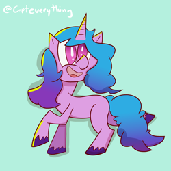 Size: 2000x2000 | Tagged: safe, artist:captdraws, izzy moonbow, pony, unicorn, g5, my little pony: a new generation, blue background, cute, high res, izzybetes, open mouth, raised hoof, signature, simple background, solo, unshorn fetlocks