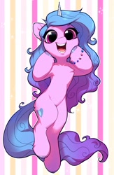 Size: 2136x3272 | Tagged: safe, alternate version, artist:vensual99, izzy moonbow, pony, unicorn, g5, abstract background, bracelet, chest fluff, cute, female, high res, izzybetes, jewelry, looking at you, mare, open mouth, solo, surprised, unshorn fetlocks