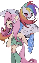 Size: 837x1326 | Tagged: safe, artist:dengdengbobo, fluttershy, rainbow dash, anthro, g4, blushing, boots, clothes, cloud, duo, female, flying, looking at you, shoes, simple background, skirt, white background, wings