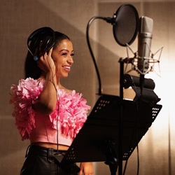 Size: 985x985 | Tagged: safe, human, g5, my little pony: a new generation, female, instagram, irl, irl human, liza koshy, microphone, photo, recording studio, voice actor