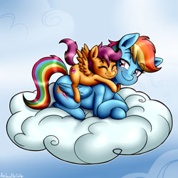 Size: 960x960 | Tagged: safe, artist:anibaruthecat, rainbow dash, scootaloo, pegasus, pony, g4, adult, blushing, child, cloud, color, commission, cover art, cute, cutie mark, cutiemarking, eyes closed, fanfic, fanfic art, female, filly, foal, hug, implied lesbian, lesbian, link in description, lying down, mare, on a cloud, prone, pseudoincest, scootadom, ship:scootadash, shipping, sky, smiling, spread wings, tomboy, wingboner, wings