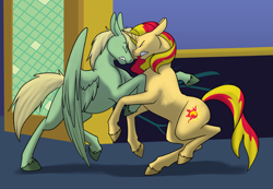 Size: 1000x692 | Tagged: safe, artist:foxenawolf, sunset shimmer, oc, oc:mark wells, pegasus, pony, unicorn, fanfic:off the mark, g4, blonde hair, bonk, clumsy, crash, cutie mark, duo, eyes closed, fanfic art, green fur, spread wings, wings, yellow fur