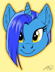 Size: 1065x1385 | Tagged: safe, artist:kerijiano, oc, oc only, oc:sight unseen, pony, unicorn, blue fur, blue mane, ear fluff, female, headshot commission, horn, icon, mare, signature, simple background, smiling, solo, straight mane, unicorn oc, yellow background, yellow eyes