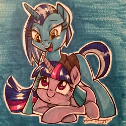 Size: 1024x1024 | Tagged: safe, artist:sophie scruggs, twilight sparkle, oc, oc:sight unseen, pony, unicorn, g4, 2012, blank flank, blue background, blue fur, clothes, duo, horn, marker drawing, signature, simple background, smiling, straight mane, traditional art, unicorn oc, unicorn twilight, yellow eyes