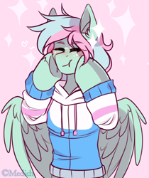 Size: 900x1072 | Tagged: safe, artist:mediasmile666, oc, oc only, pegasus, pony, abstract background, clothes, freckles, heart, hoodie, smiling, solo, sparkles